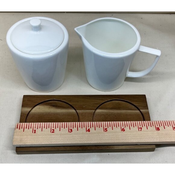 Ciroa Simplus White Creamer Sugar Bowl with Lid Wood Wooden Tray - Picture 9 of 9